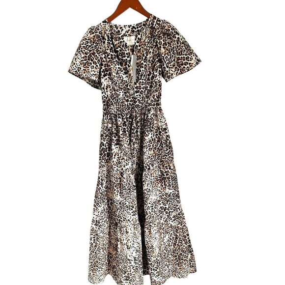 Anthropologie Somerset collection Maxi Dress Leopard Print Short Sleeves & Smock - Picture 3 of 10